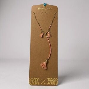 Boho Coral Pink‎ Tassel Necklace with Gold Chain and Beaded Details
